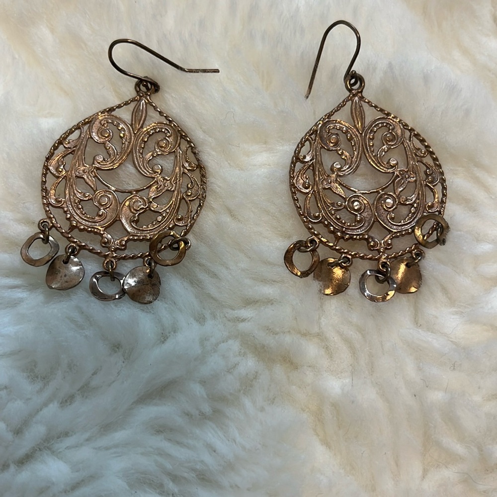 Metallic Rose Colored, Intricate Design Earrings